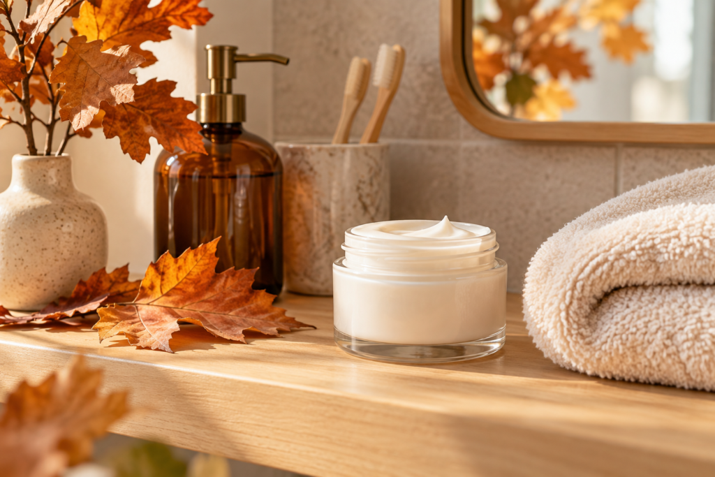 Crème en handdoek met herfstbladeren